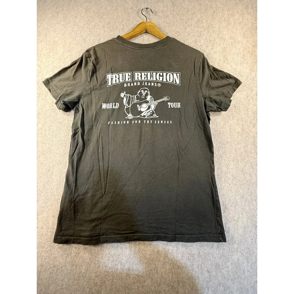 True Religion World Tour Buddha Logo T-Shirt Charcoal Gray Mens Medium